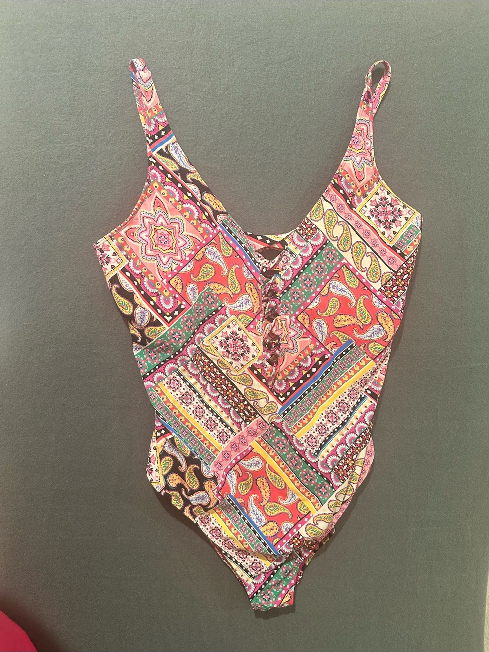 Bleu Rod Beattie Paisley Patchwork Lace-Up One Piece Swimsuit Women’s 20W Multic